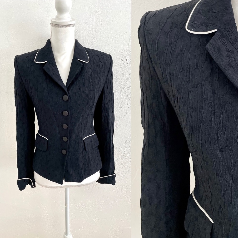Anna Meyer Woven Navy Tonal Polka Dot Blazer with White Piping